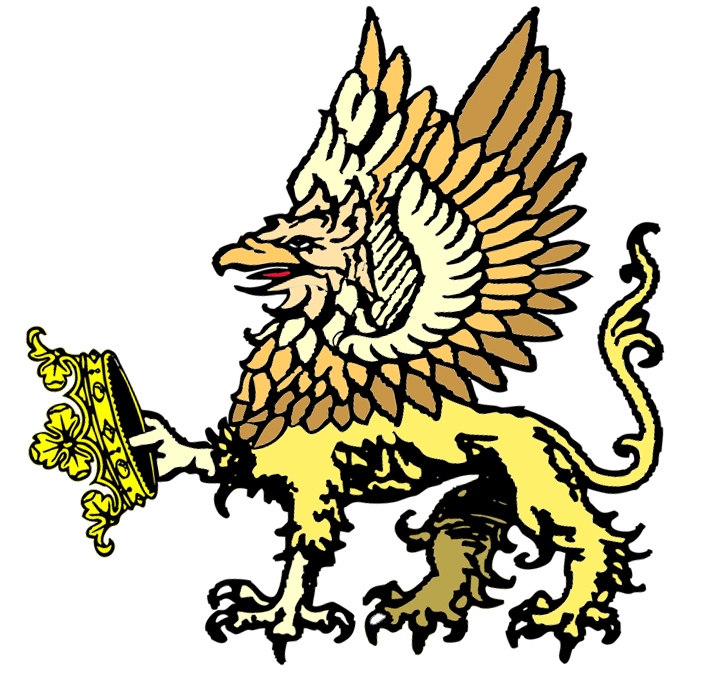 A gold gryphon stetant holding a crown in one set of talons.