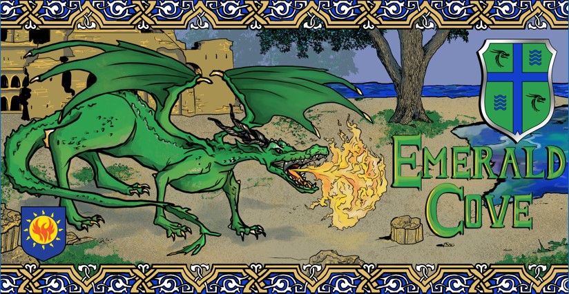 main banner made for the park with a green dragon breathing fire on the name with ruins and ocean behind them